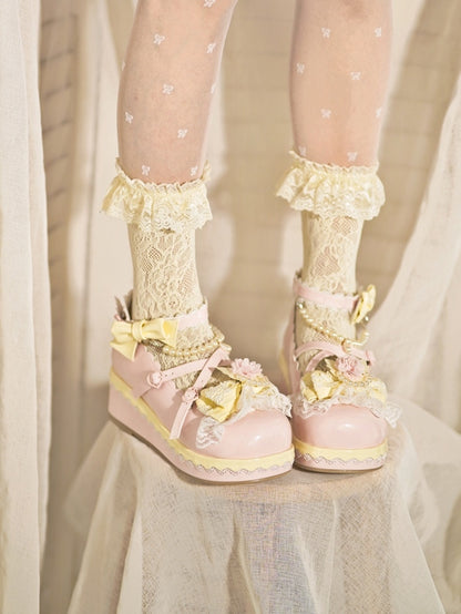 Floral at Platforms Heart Bow Design Beaded Buckle Chain Detachable Pink Lace With Trim Top