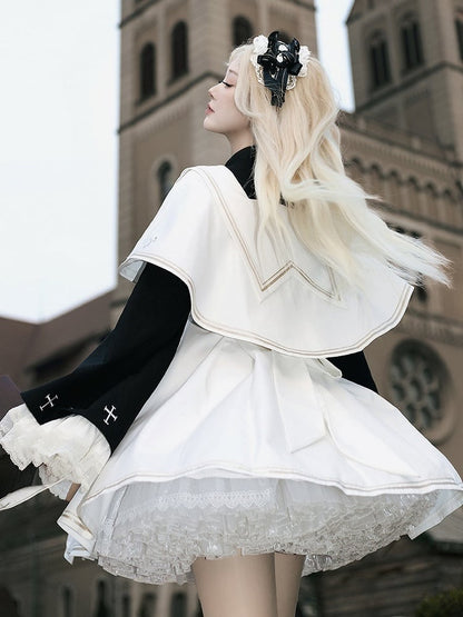 White and Black Nun Lolita Dress Full Set-Bell Sleeves Nun Dress + White Cape + Black Bow Accessory