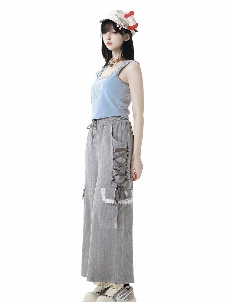 Gray Drawstring Waist Lace-up Details Side Wide-Leg Pants