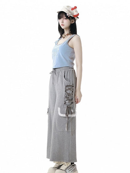 Gray Drawstring Waist Lace-up Details Side Wide-Leg Pants