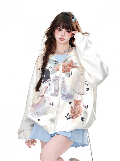 White/Blue Kitty Zip Closure Loose Hoodie