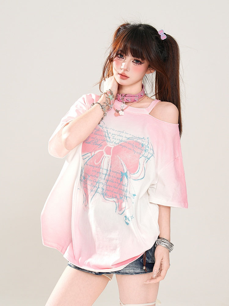Butterfly Rose Pink/Pink/Gray Loose Shoulder T-Shirt Print Ombre Cutout