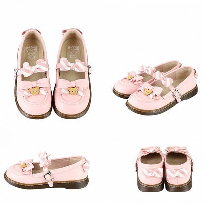 - 2cm Sweet with Uniform Striped Flats Pink Bow PU Lolita Sole
