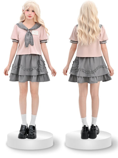 und graue Bluse Preppy Pink Rüschen Matrosenkragen Puffärmel Stil