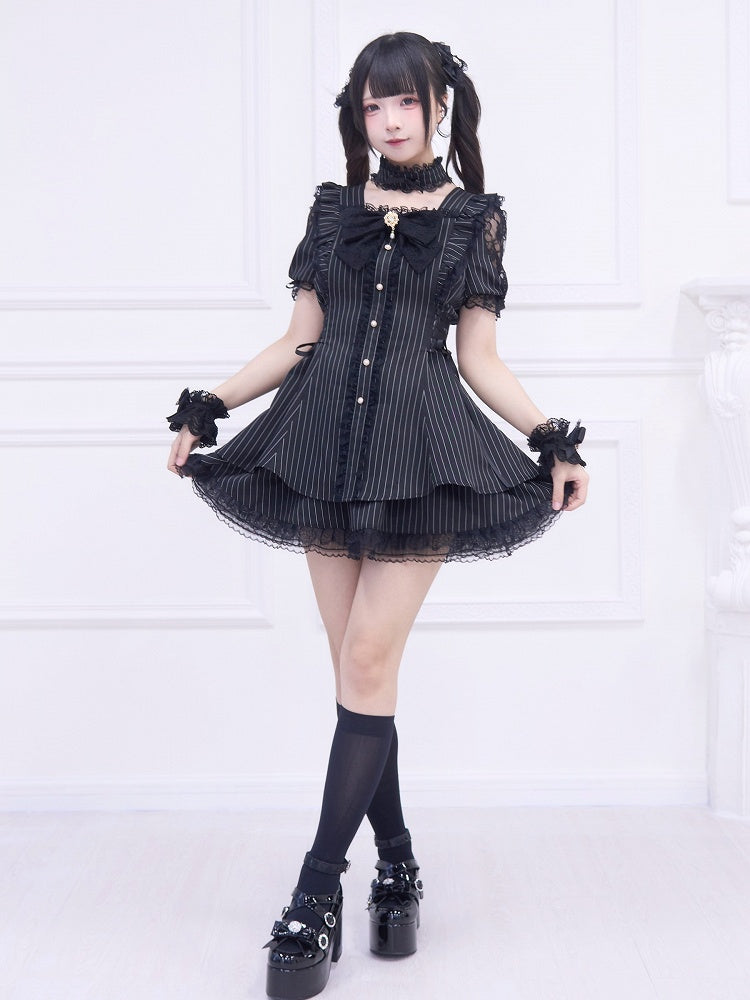 Full Kei Black Lace-up Matching Jirai Shoulder and Set: Cutout Skirt with Dress Striped Style Side Adjustable