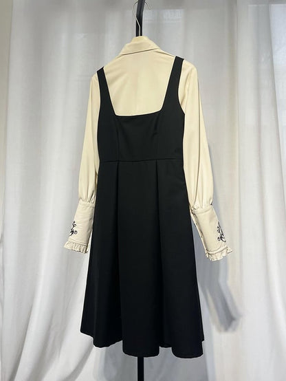 Black Square Neckline Slim Fit Waist Daily Dress