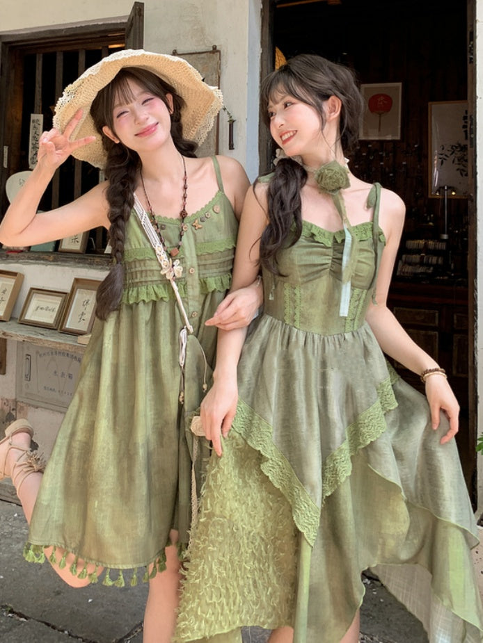 Self-tie Straps Mori Kei Cami with Dress Shoulder Green Handkerchief Hem