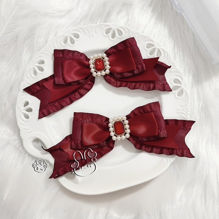 Pink/Dark Red/White/Black Jirai Kei Beads and Rhinestones Adorned Bowknot Hairclips