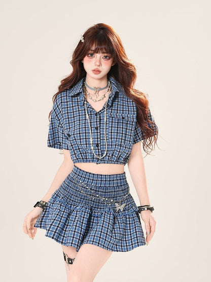Blue Plaid Short Sleeves Waist Skirt High Cropped Shirt /