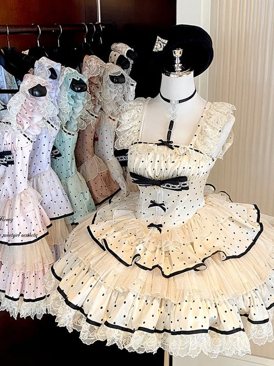 Dress Polka Sweet Tiered Dots Beige Skirt Waist Basque Black