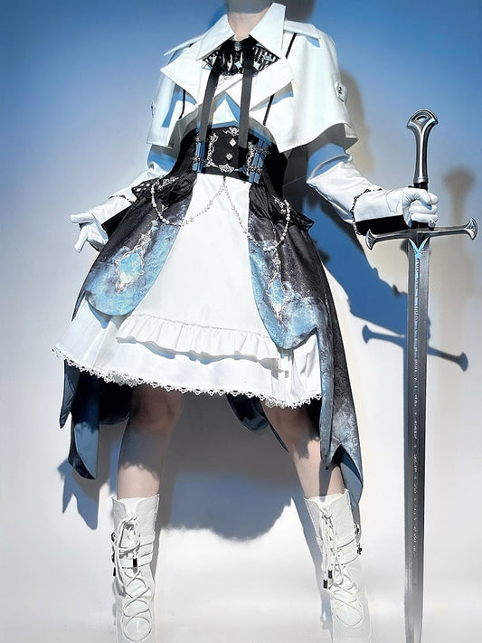 Waist Lolita Military Set High-low + Corset Cropped White Sleeveless Sleeves Full Skirt Futuristic Long Top Dress