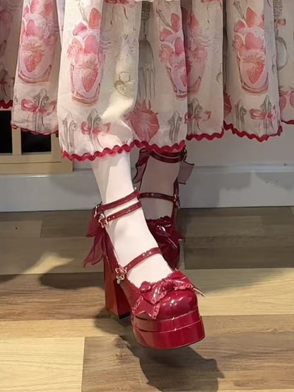 High Sweet Red Platform Bow Heels Polished at Wine 11CM Top Lolita