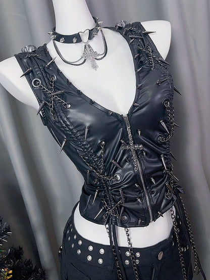 And Black Closure Studs Decorated Zipper Cross Charm Skeleton Y2K
