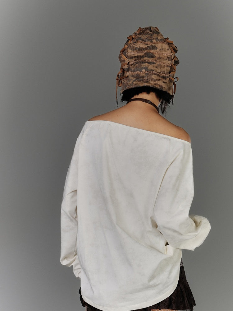 Apricot Off-the-shoulder Graphic Neckline Cotton Top Distressed