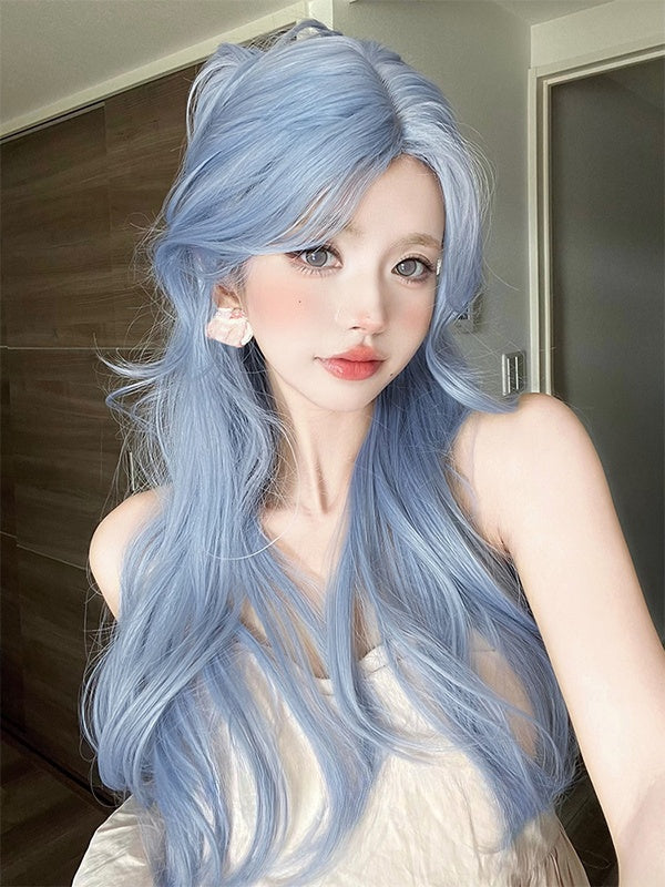 Blue Long Wavy Synthetic Wig With Curtain Bangs