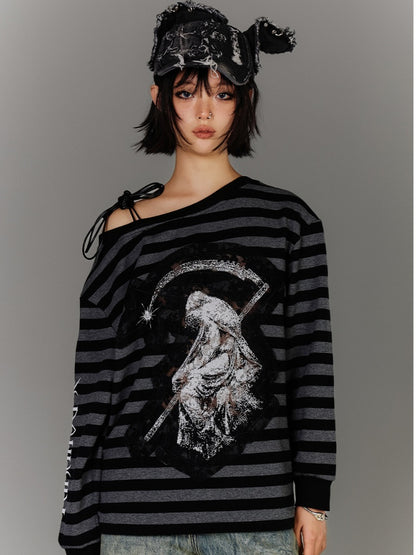 Black  Gray Stripes Applique Design Asymmetrical Neckline Drawstring Punk Top