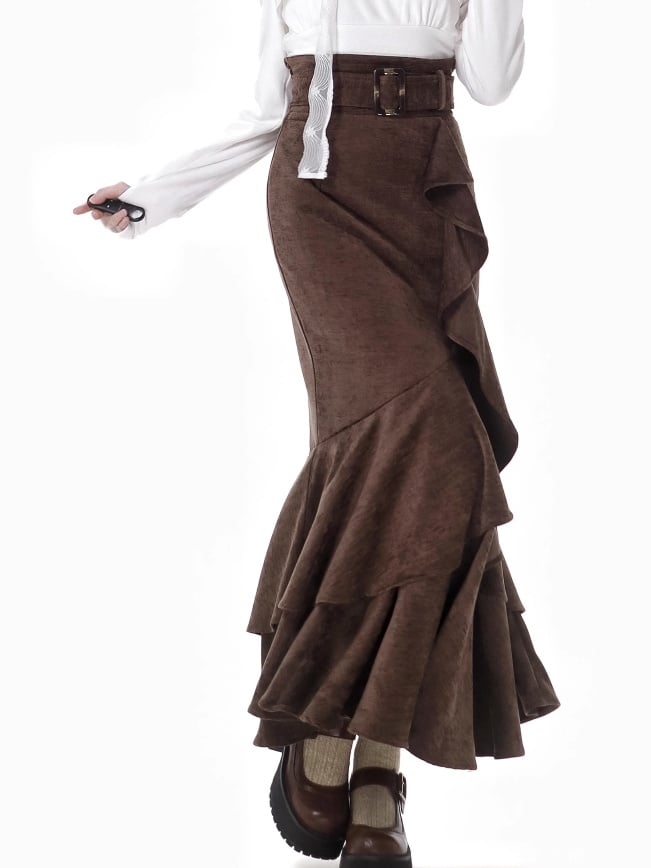 Coffee High Waist Flounce Hem Mermaid Skirt