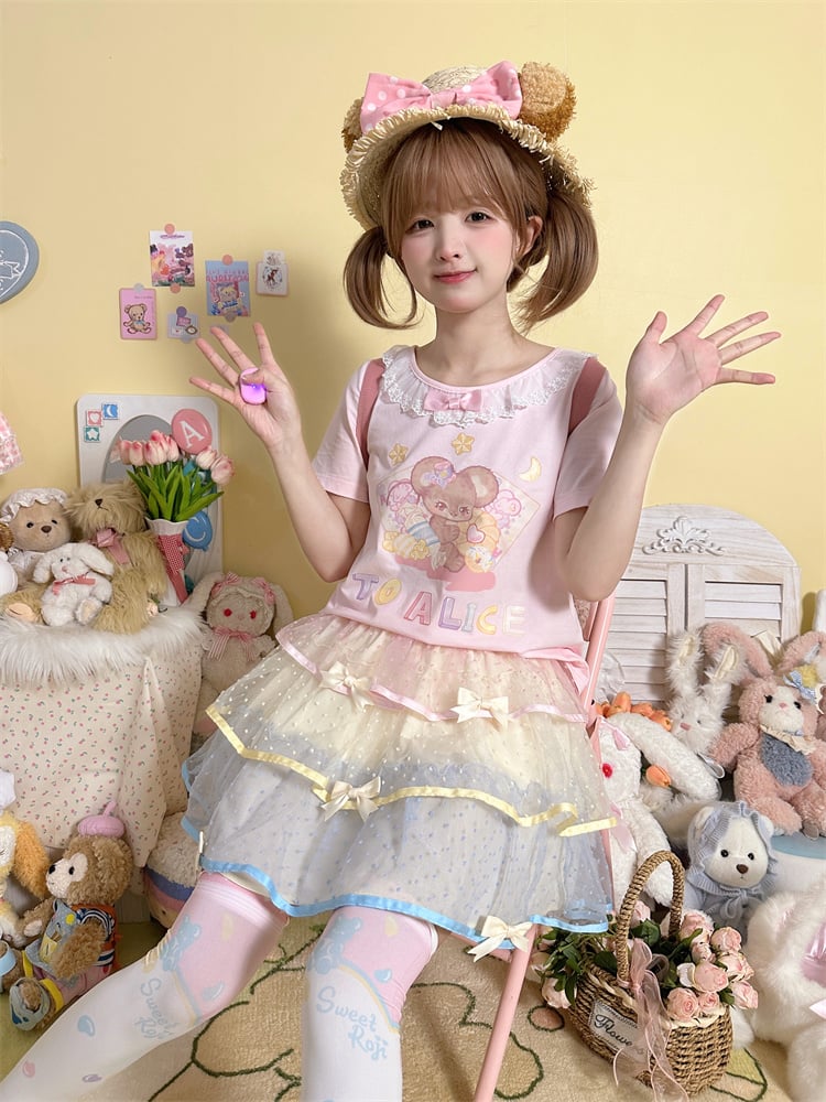 Short Version Adorable Mouse Print White/Pink Lace Trim T-Shirt
