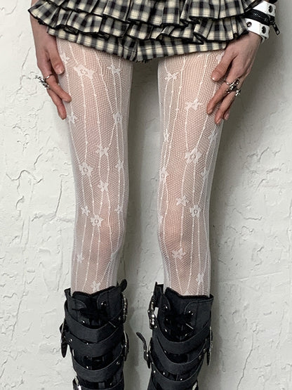 Pattern Floral Tights Y2K White/Black Fishnet