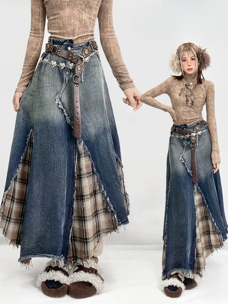 Jupe patchwork en denim et à carreaux avec ourlet asymétrique