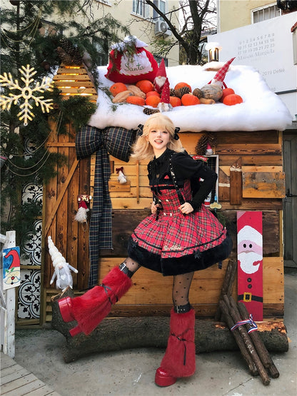 Robe à carreaux avec ourlet en peluche et oreilles de chat rouges de Noël, jupe pull Lolita