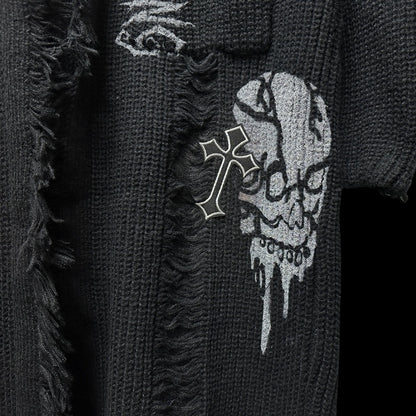 Cardigan gothique punk noir avec croix et squelette, trous de détresse, bord brut