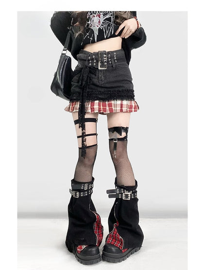 Y2K Red Plaid Pattern Hem Black Denim  Skirt+Buckle Strap Leg Warmers