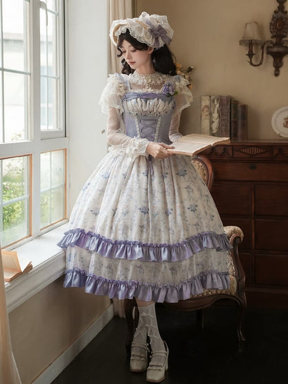 Full Lolita Print Iris Floral Boned Bodice Dress Set Corset Classic Purple JSK