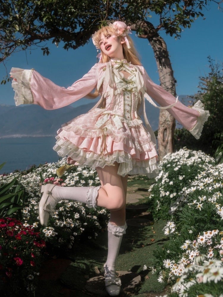 Robe Lolita Qi rose Sakura avec corset et gros nœud, tenue de festival des fleurs de cerisier