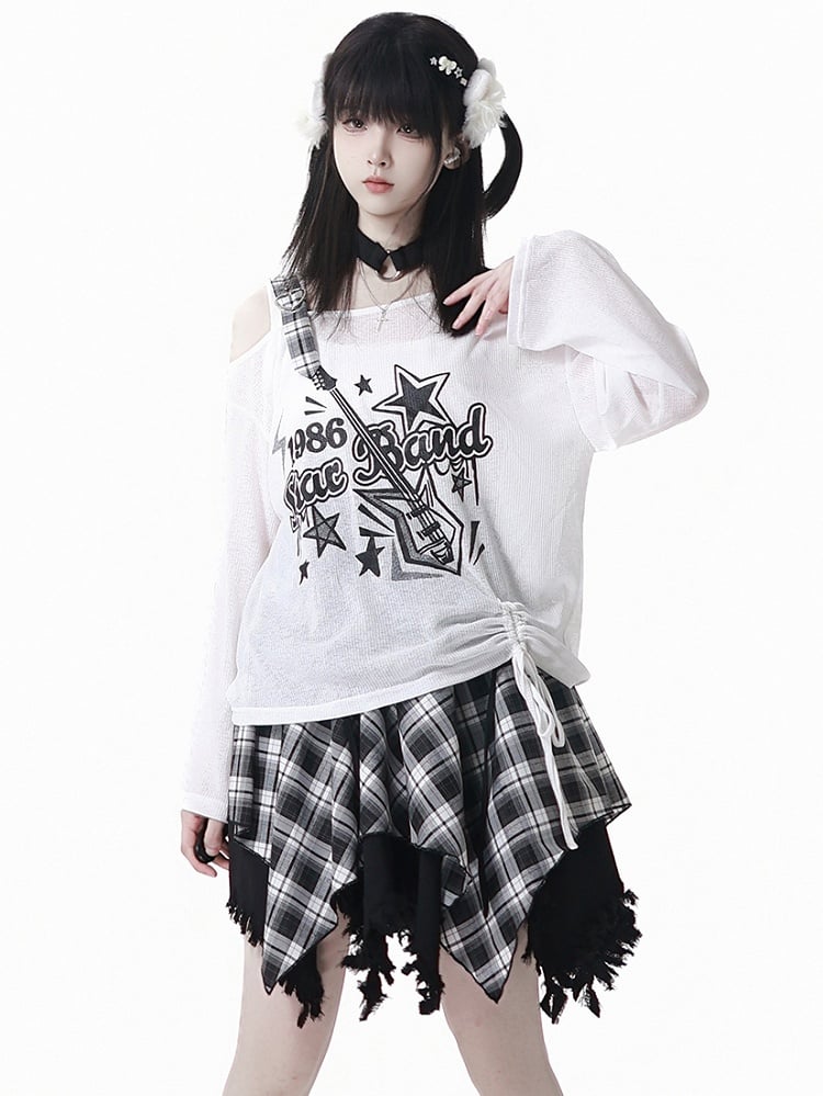 Plaid Skirt White /Black Frayed Handkerchief Hem Blue