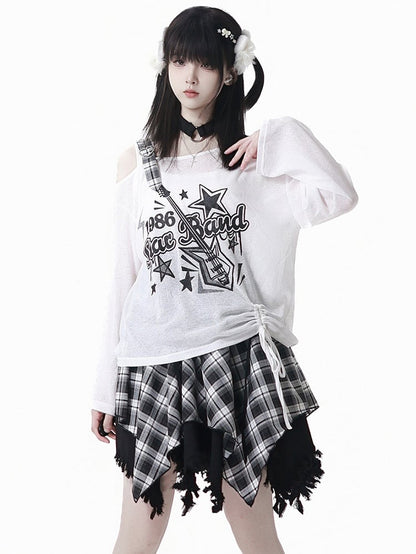 Plaid Skirt White /Black Frayed Handkerchief Hem Blue