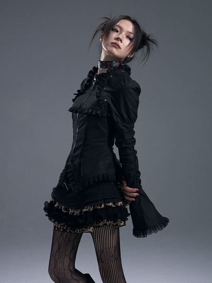 Lace-Trimmed Zipped Black Gothic Vintage Top