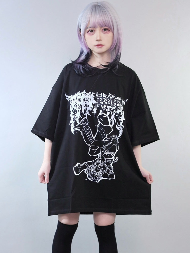 Cartoon Round T-shirt Neck Kei Girl Jirai Black Print