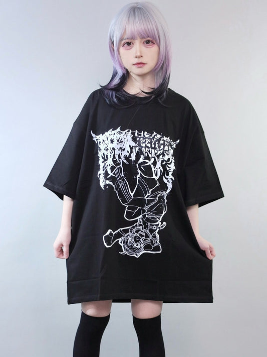 Cartoon Round T-shirt Neck Kei Girl Jirai Black Print