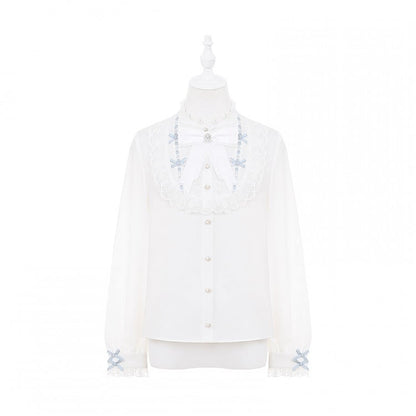 Bow with Ruffle White Included Jirai Free Blue and Neckline Kei Blouse Tie | Dusty