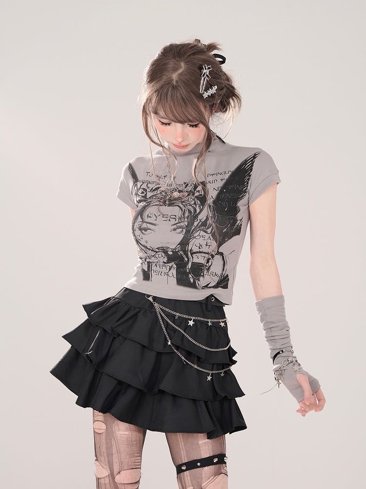 Character Print and Matching Fingerless Gray Mock Neck T-shirt with Manga Gloves