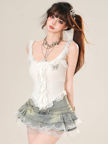Lace And Top Trim Decorated Glamorous Cami Ruffles Green/White Butterfly