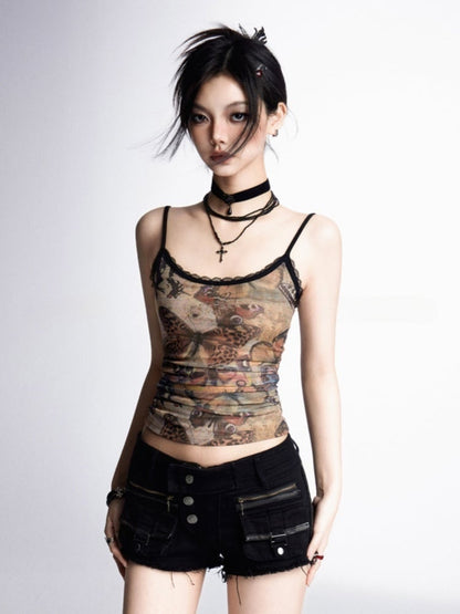 Mesh Cami Top Bittersweet Wasteland Punk Brown Butterfly Print