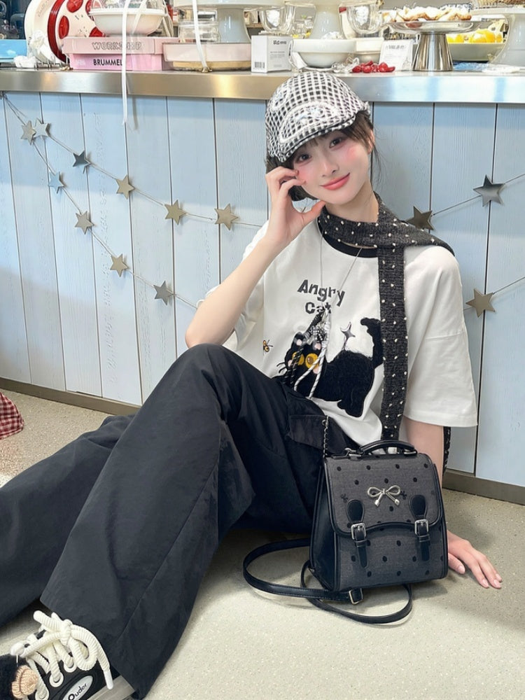 White/Beige Cat Pattern Lettuce Hem T-Shirt