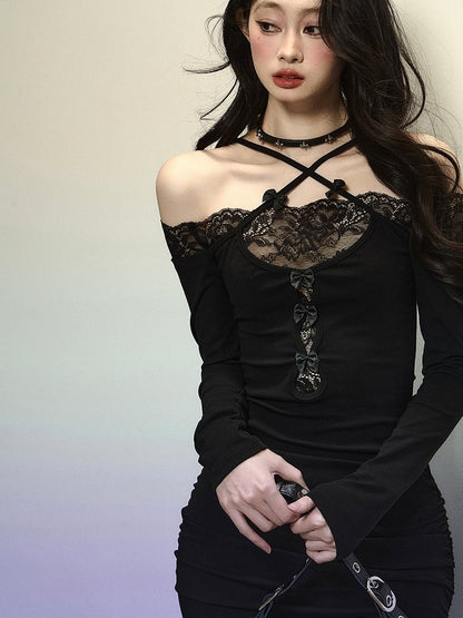 Robe longue sirène en dentelle noire patchwork, bretelles croisées, dos nu, robe de soirée