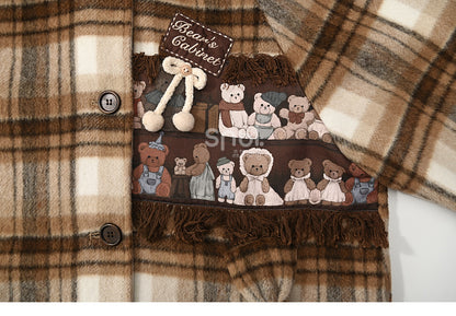 Brown Cute Little Bears Applique Plaid Hooded Woolen Coat Long Version