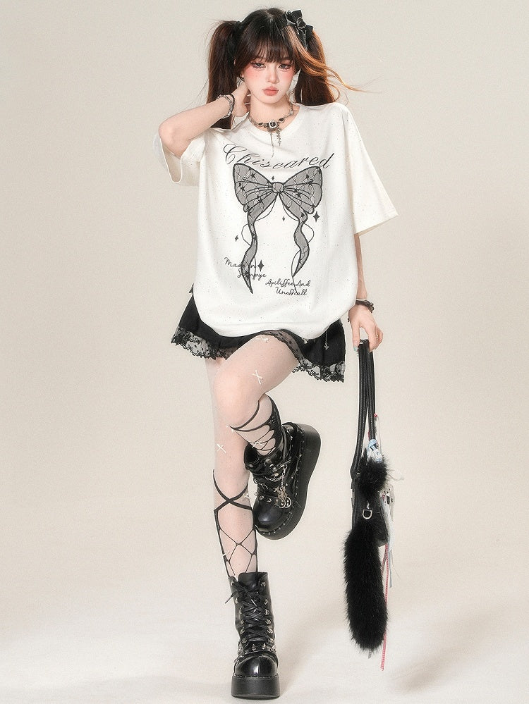 Kawaii T-shirt Print Applique And Daily Letter Bow Star Big White/Black