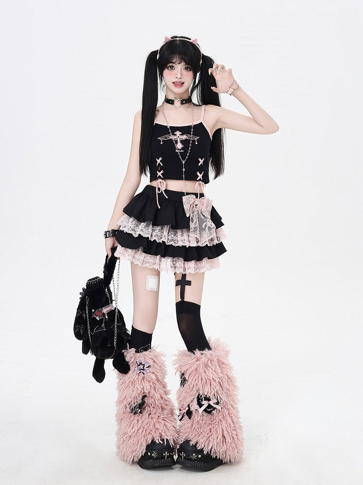 Y2K Waist Pink Lace Trim Black Elastic Tiered Skirt Contrast