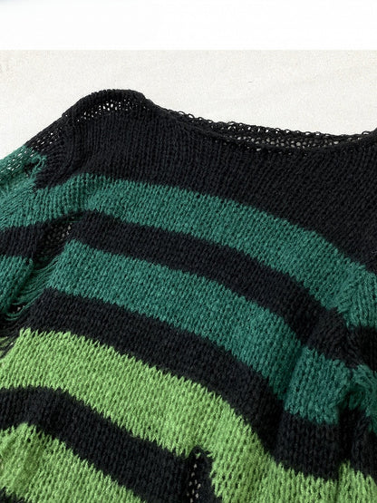 Pattern Y2K Green Cut-out Neckline Details Asymmetrical Sweater Striped