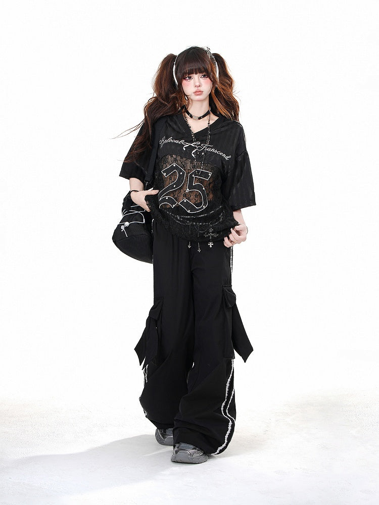 Black Wide-leg Pants with Big Bow Cargo Pockets