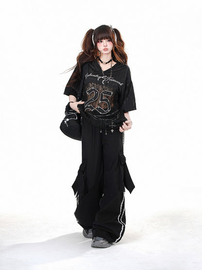 Black Wide-leg Pants with Big Bow Cargo Pockets