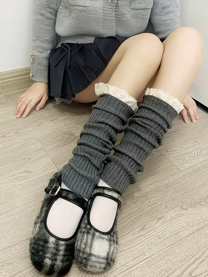Coffee Sweet Lace Trim Knitted Leg Warmers