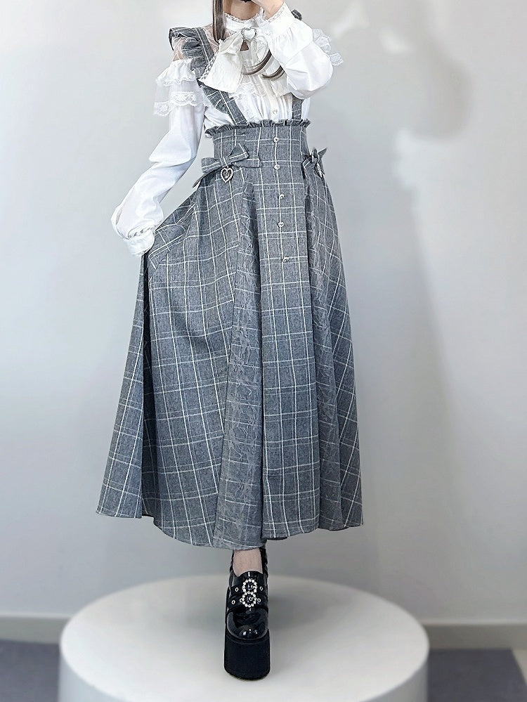 in Overall Sleeves Plaid Long Flutter Black/Gray Detachable Rhinestone Kei Skirt Jirai Accents with Style
