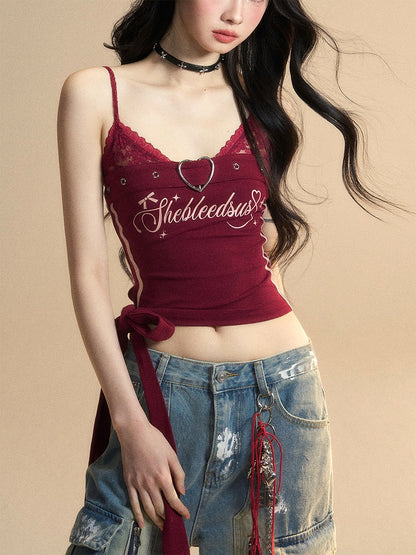 Side Cami Wine Red V-Neck Glamorous Cropped Top with Big Bow at