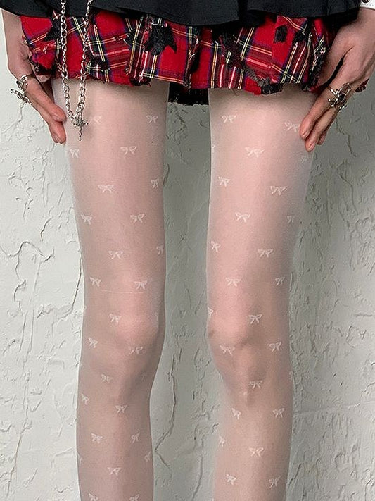 White Y2K Bowknot Print Tights